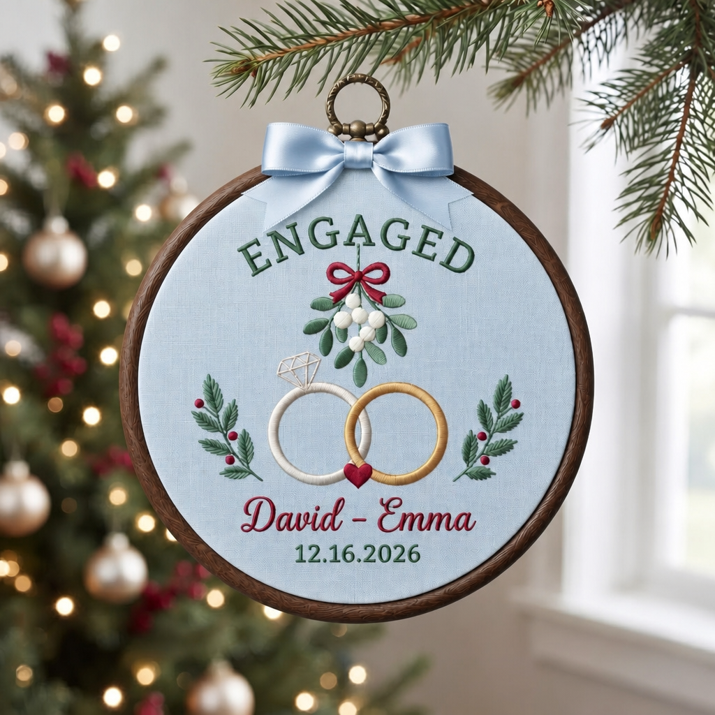 Personalized Engaged Christmas Mistletoe Interlocked Rings Holly Embroidered Ornament