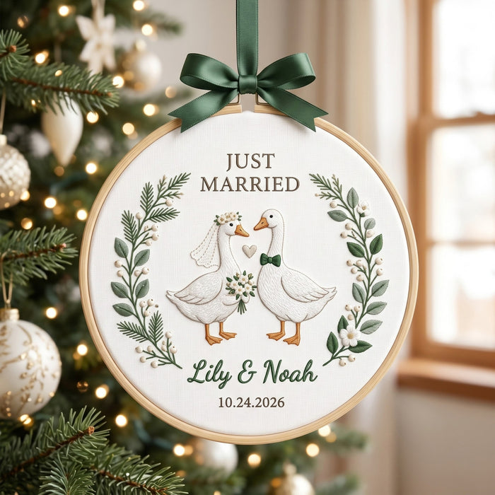 Personalized Just Married Couple Geese Wedding Christmas Embroidered Ornament