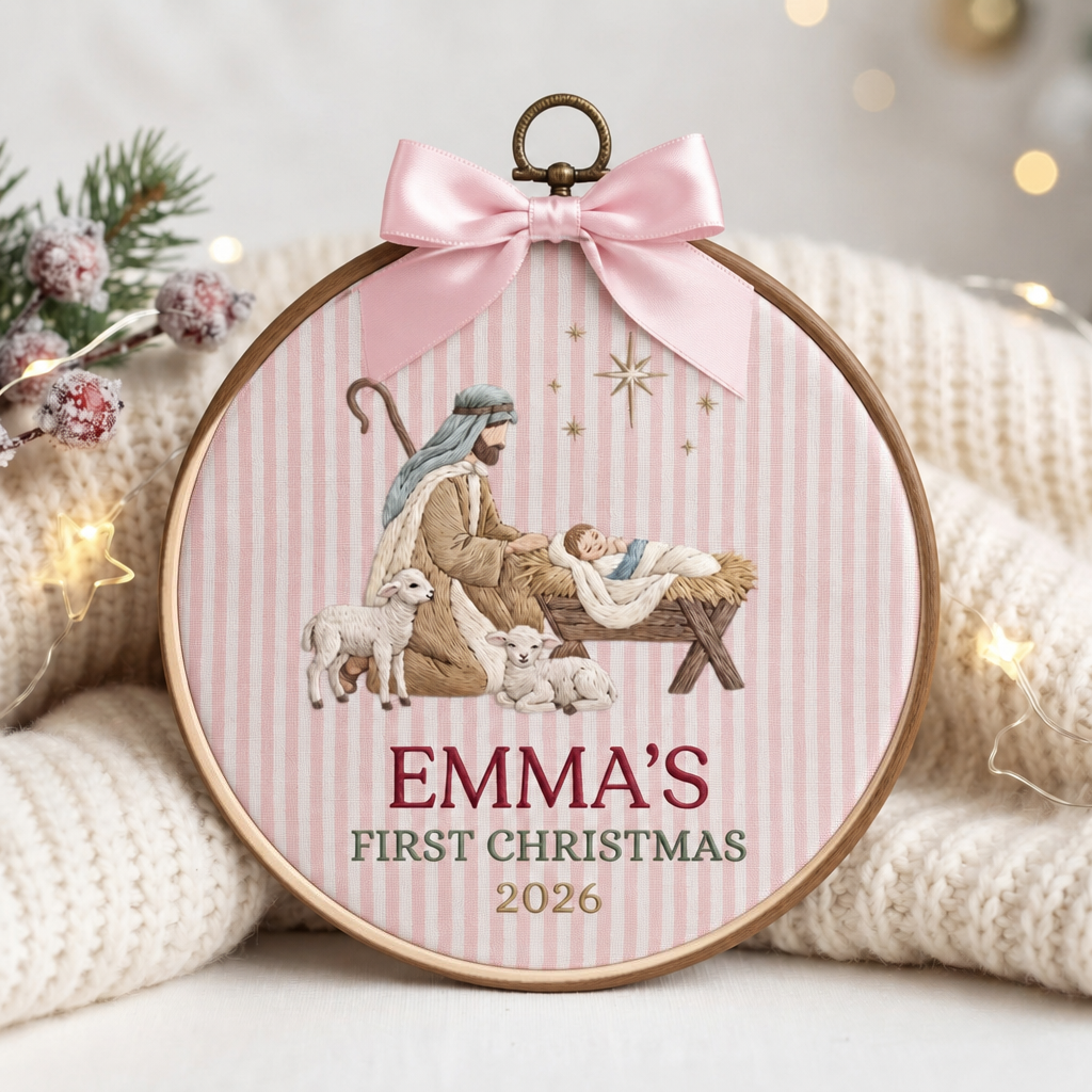 Personalized Baby First Christmas Nativity Scene Shepherd Lamb Faith Embroidered Ornament