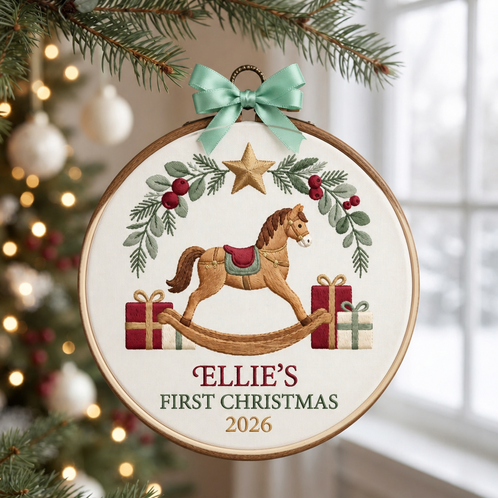 Personalized Baby First Christmas Rocking Horse Gifts Holly Star Embroidered Ornament