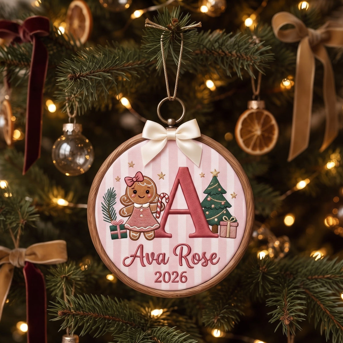 Personalized Gingerbread Girl Initial Christmas Tree Gifts Stars Embroidered Ornament — Christmas ornament