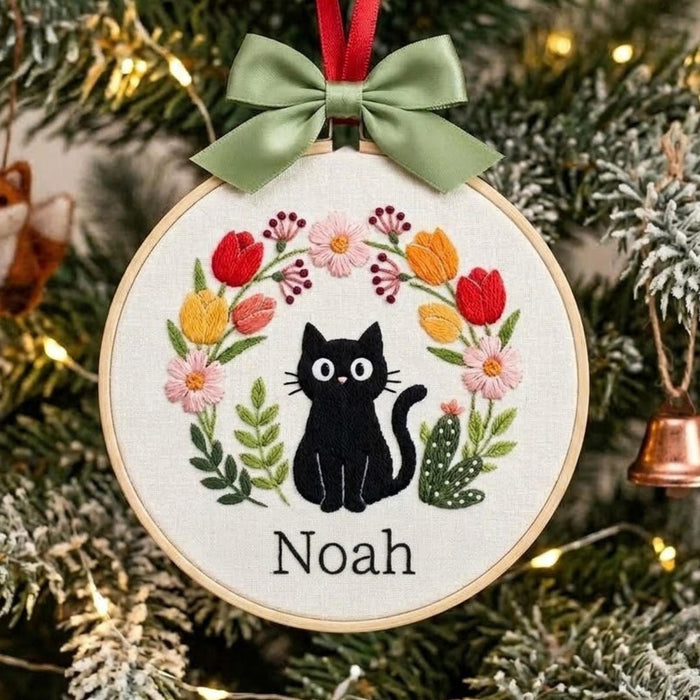 Personalized Black Cat Floral Wreath Tulip Custom Name Christmas Embroidered Ornament