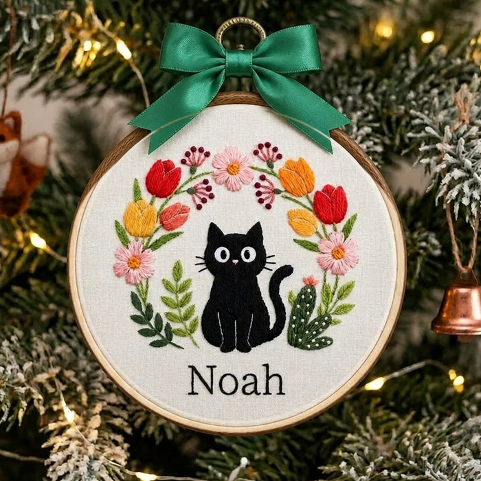 Personalized Black Cat Floral Wreath Tulip Custom Name Christmas Embroidered Ornament