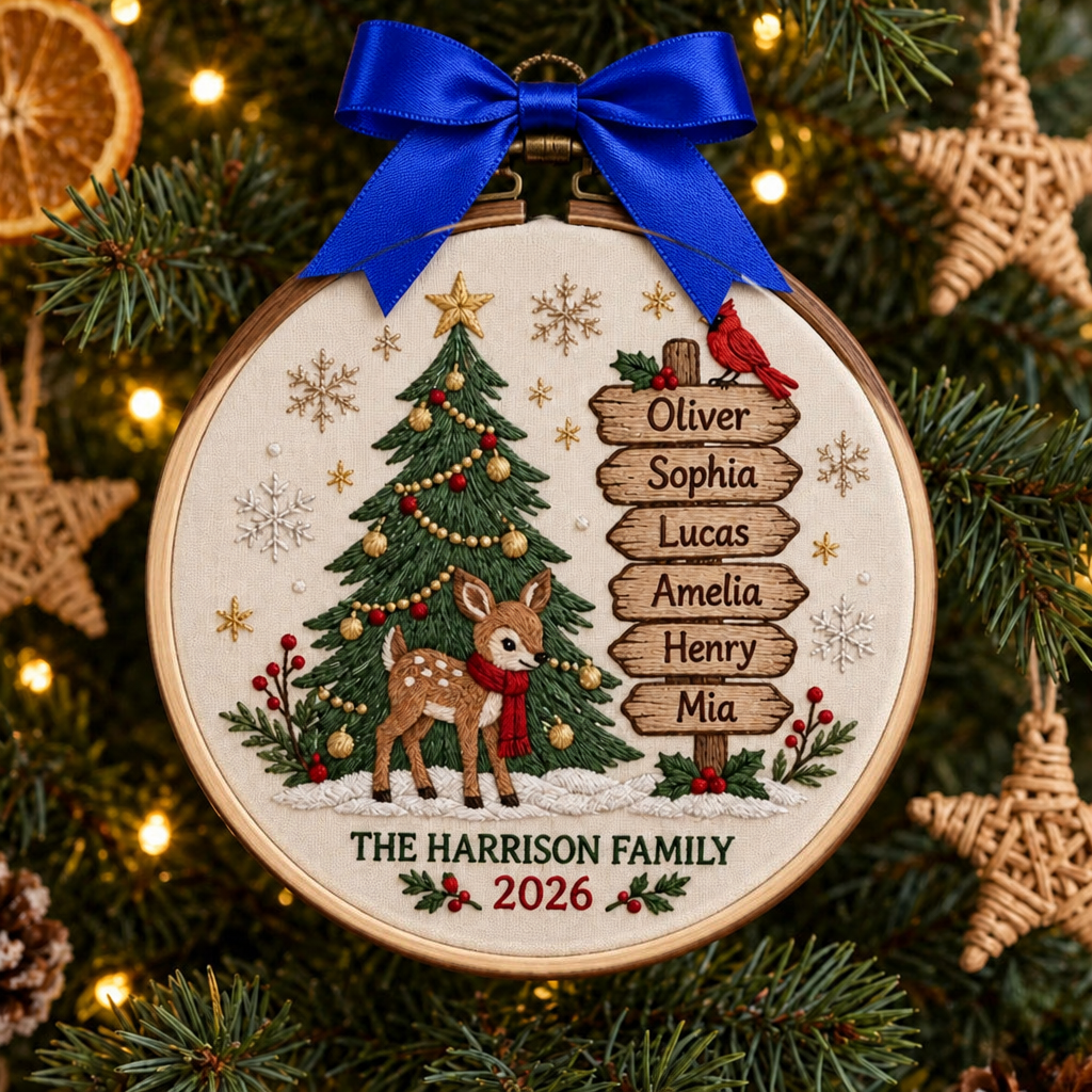 Personalized Family Christmas Tree Deer Cardinal Name Sign Custom Names Year 2026 Embroidered Ornament