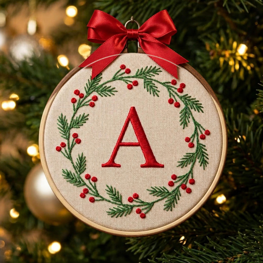 Personalized Initial Letter Christmas Wreath Holly Berry Embroidered Ornament