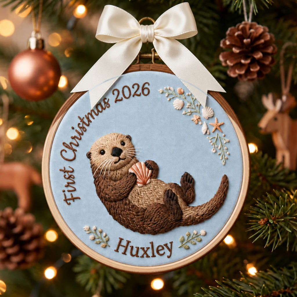 Personalized Baby First Christmas Sea Otter Holding Shell Coastal Floral Custom Name 2026 Embroidered Ornament
