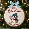 Personalized Baby First Christmas Penguin Beanie Scarf Snowflake Custom Name Year 2026 Embroidered Ornament