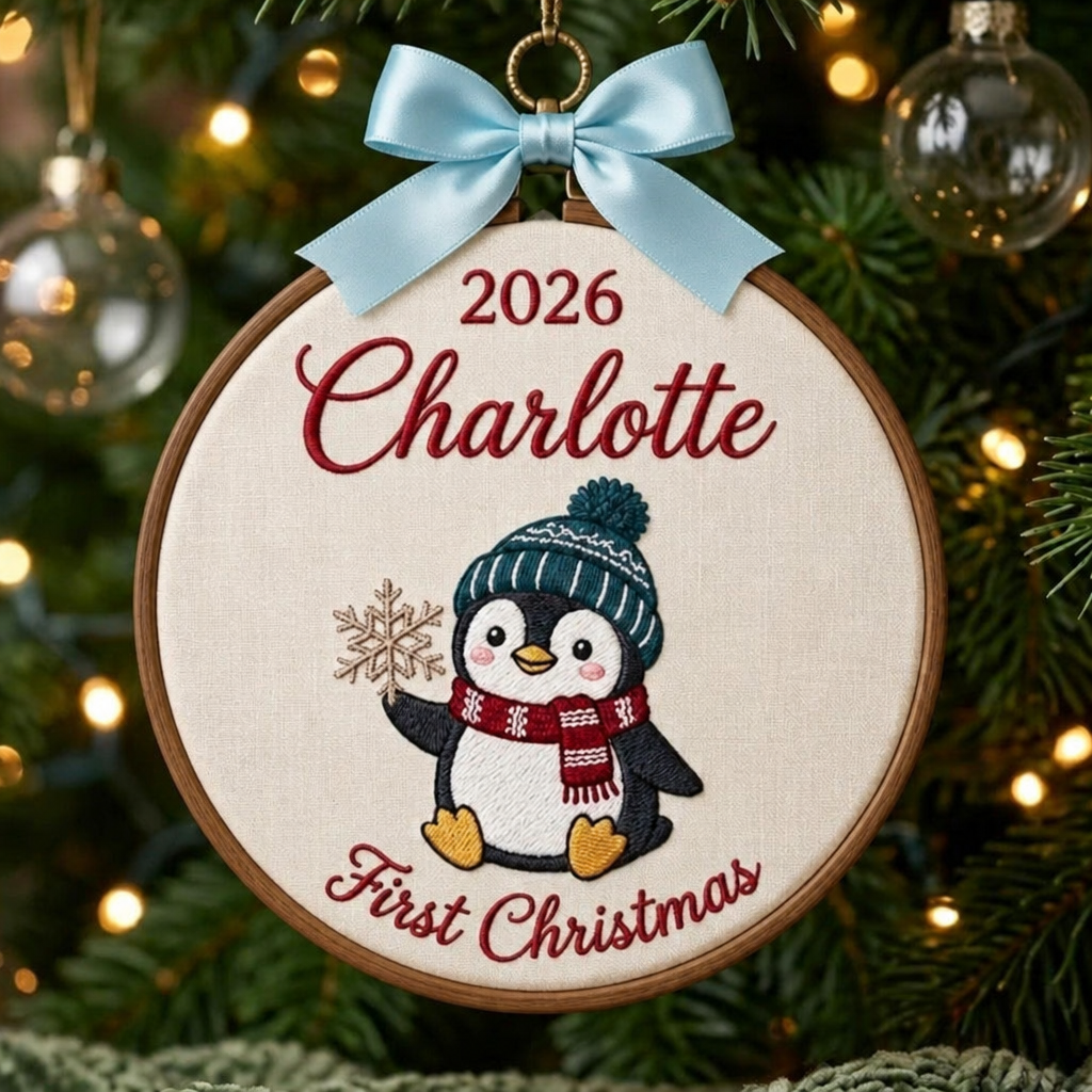 Personalized Baby First Christmas Penguin Beanie Scarf Snowflake Custom Name Year 2026 Embroidered Ornament