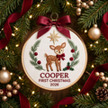Personalized Baby Deer First Christmas Name Year Holly Star Wreath Embroidered Ornament