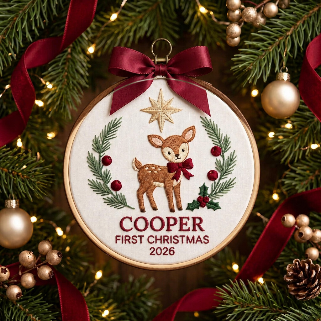 Personalized Baby Deer First Christmas Name Year Holly Star Wreath Embroidered Ornament