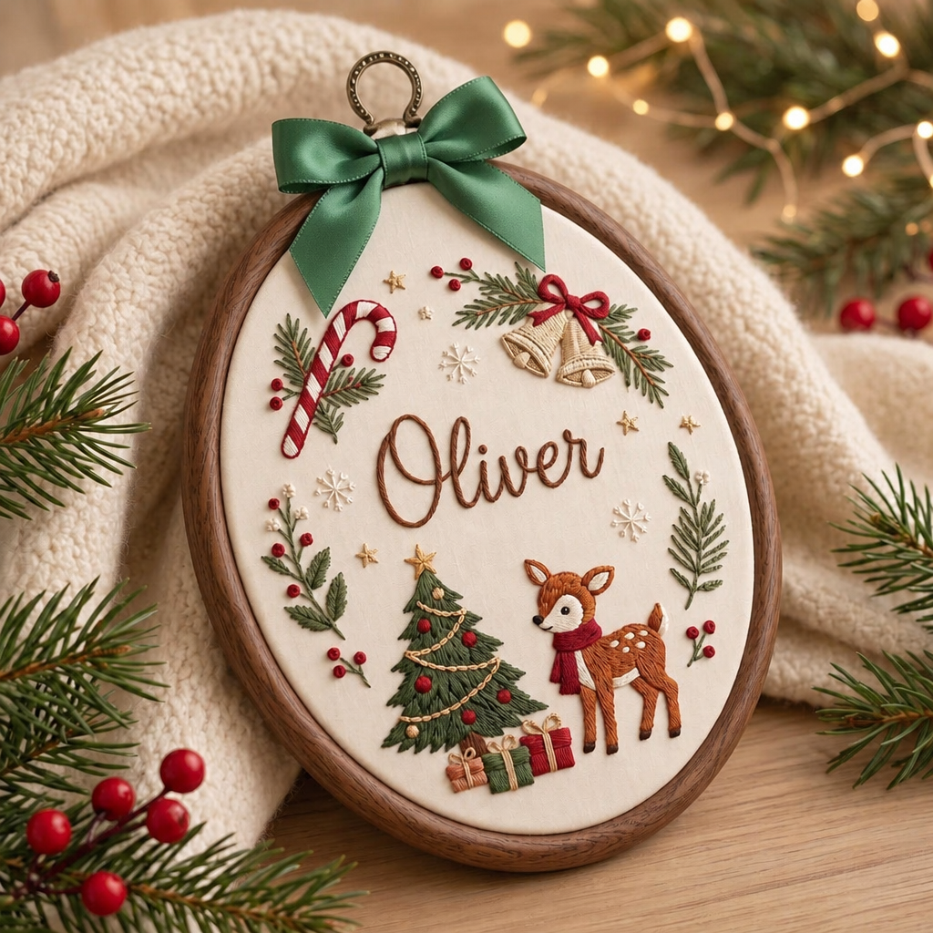 Personalized Christmas Baby Deer Candy Cane Bells Tree Wreath Custom Name Embroidered Ornament
