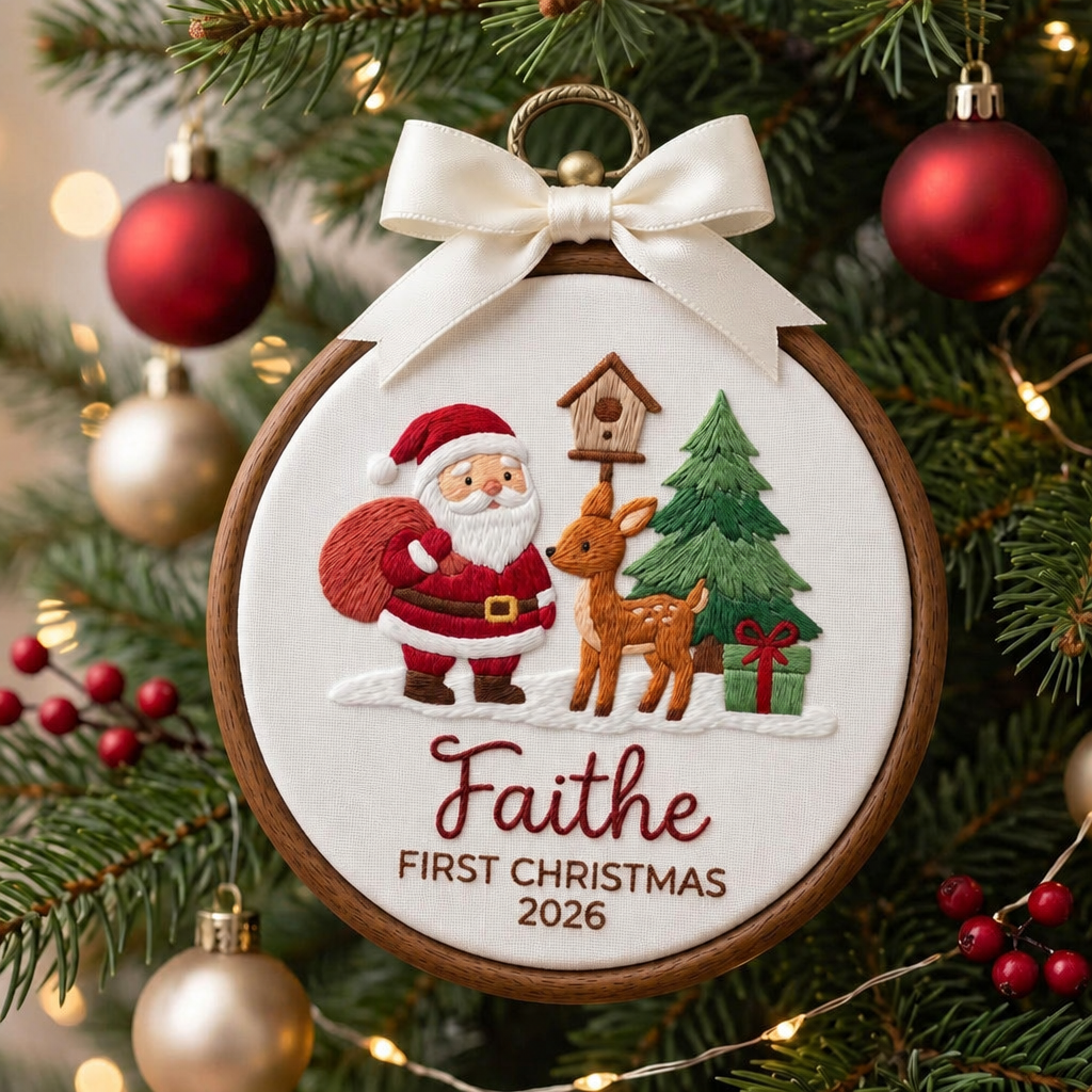Personalized Baby First Christmas Santa Reindeer Birdhouse Pine Tree Gift Custom Name Year Embroidered Ornament