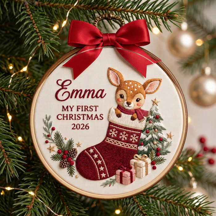 Personalized Baby First Christmas Deer Stocking Christmas Tree Gifts Custom Name 2026 Embroidered Ornament