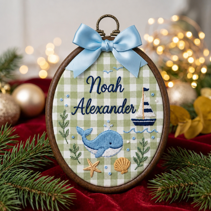 Personalized Nautical Whale Sailboat Starfish Shell Baby Name Christmas Embroidered Ornament