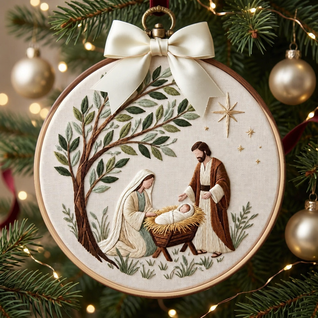 Nativity Scene Holy Family Christmas Embroidered Ornament