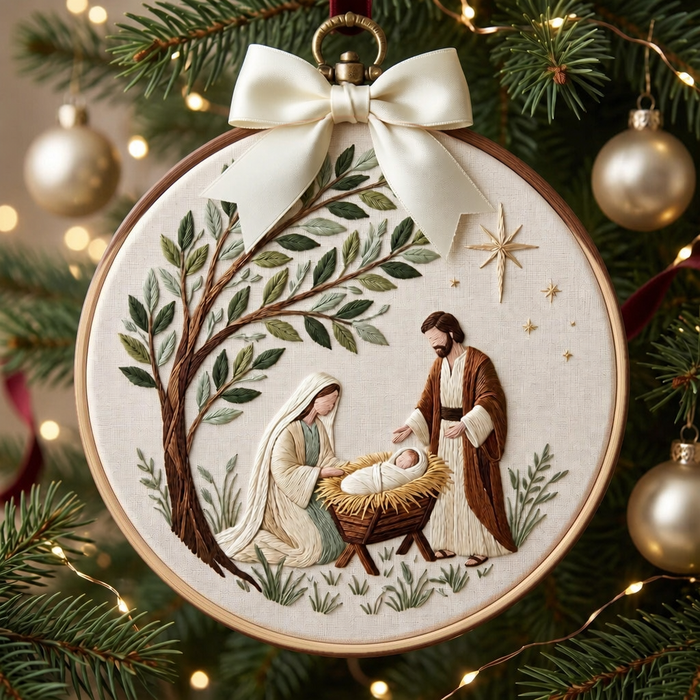 Nativity Scene Holy Family Christmas Embroidered Ornament