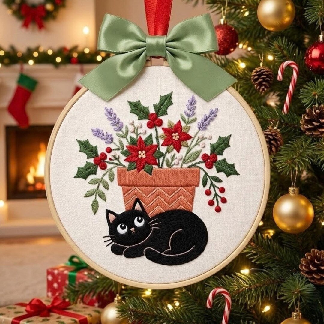 Personalized Black Cat Christmas Poinsettia Holly Floral Pot Custom Name Embroidered Ornament — Christmas ornament