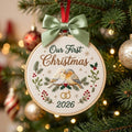 Personalized Our First Christmas Love Birds Couple Wedding Rings Holly Wreath Year Embroidered Ornament — Christmas ornament