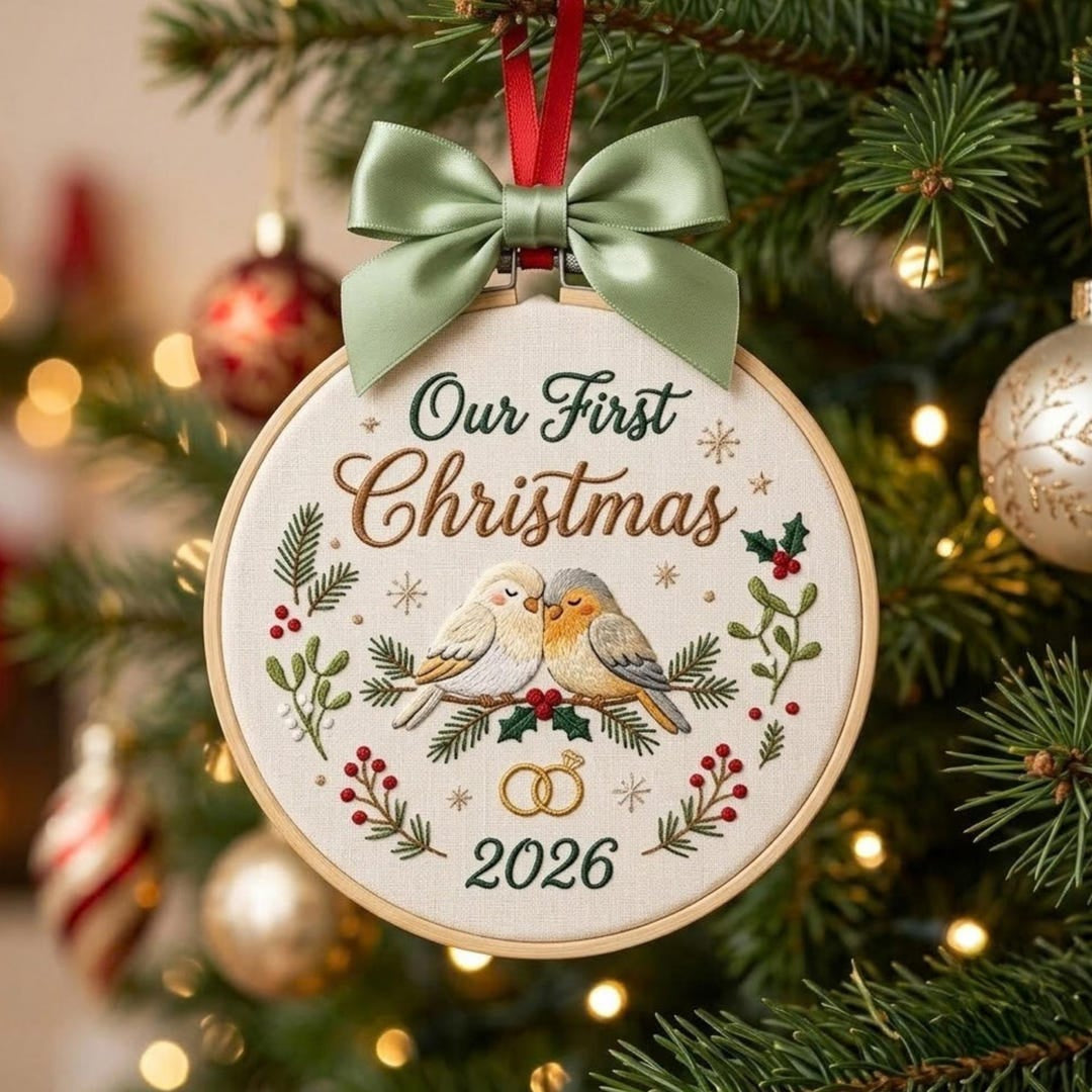 Personalized Our First Christmas Love Birds Couple Wedding Rings Holly Wreath Year Embroidered Ornament — Christmas ornament