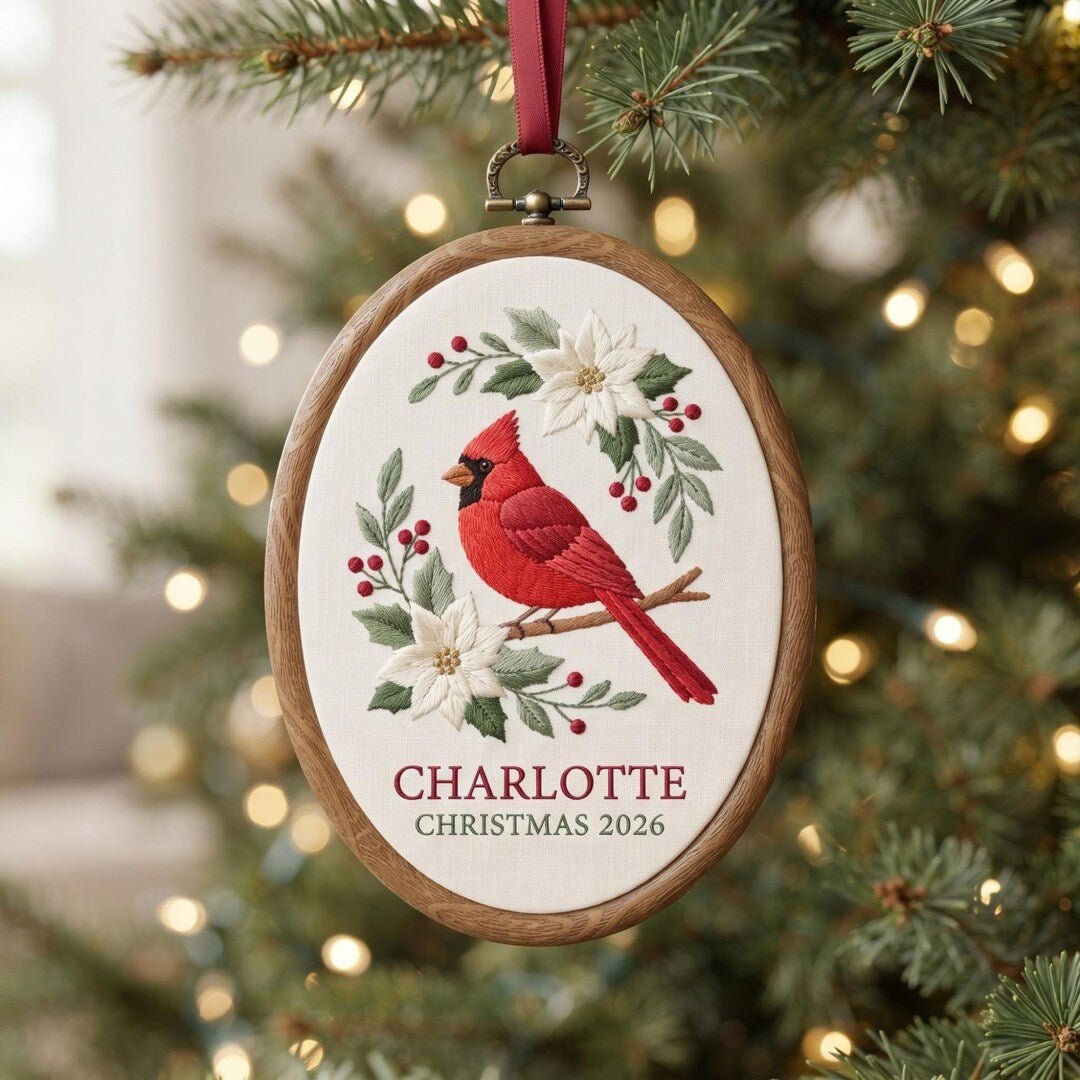 Personalized Cardinal Red Bird Poinsettia Holly Christmas Embroidered Ornament — Christmas ornament