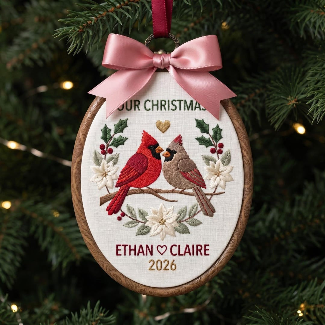 Personalized Couple Cardinals Holly Poinsettia Branch Custom Names Year Christmas Embroidered Ornament — Christmas ornament