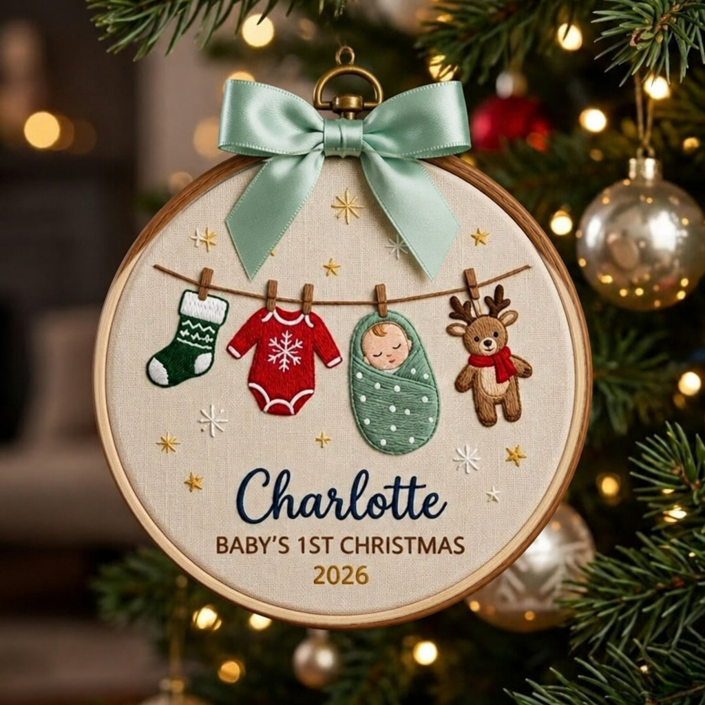 Personalized Baby's 1st Christmas Clothesline Stocking Onesie Swaddled Baby Reindeer Custom Name 2026 Embroidered Ornament