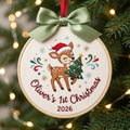 Personalized Baby Deer Santa Hat First Christmas Tree Swirl Snowflake Custom Name Year Embroidered Ornament — Christmas ornament