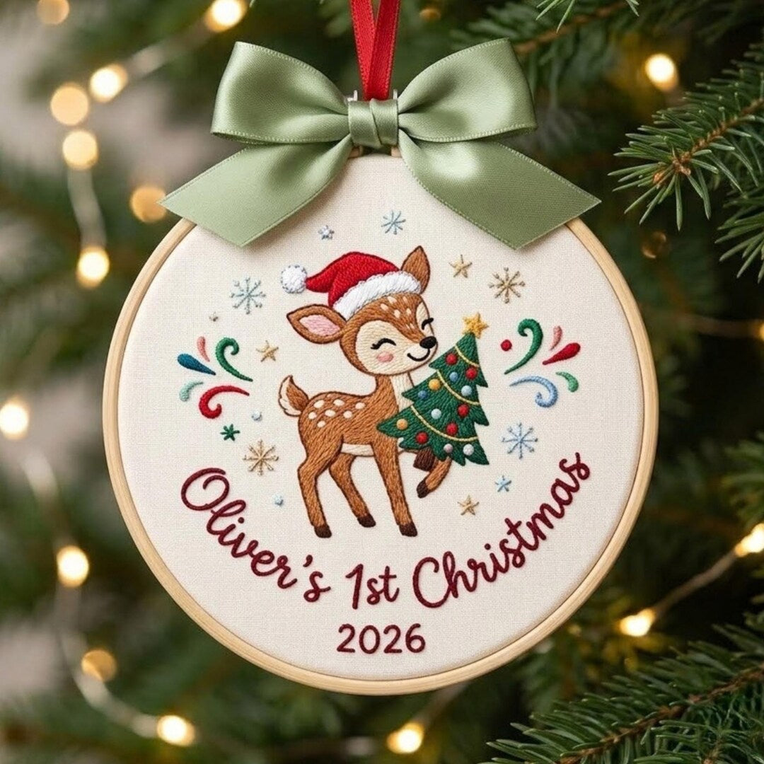 Personalized Baby Deer Santa Hat First Christmas Tree Swirl Snowflake Custom Name Year Embroidered Ornament — Christmas ornament