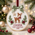 Personalized Baby Deer Holly Berries Pine Branch Star First Christmas Custom Name Year Embroidered Ornament — Christmas ornament