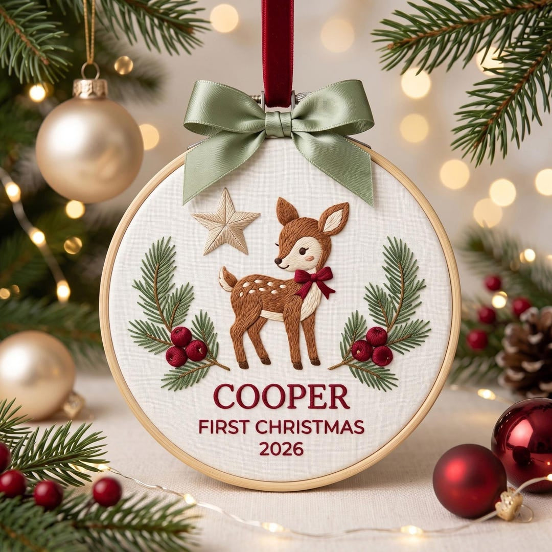 Personalized Baby Deer Holly Berries Pine Branch Star First Christmas Custom Name Year Embroidered Ornament — Christmas ornament