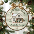 Personalized First Christmas New Home Family Name Address Gingham Hoop Embroidered Ornament — Christmas ornament