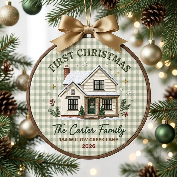 Personalized First Christmas New Home Family Name Address Gingham Hoop Embroidered Ornament