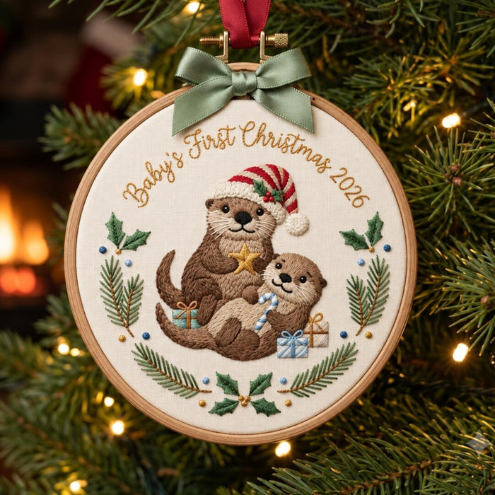 Personalized Baby's First Christmas Otter Parent Baby Santa Hat Gifts Holly Custom Name 2026 Embroidered Ornament