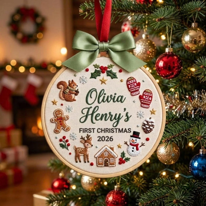 Personalized Baby First Christmas Squirrel Deer Gingerbread Snowman Wreath Custom Name 2026 Embroidered Ornament