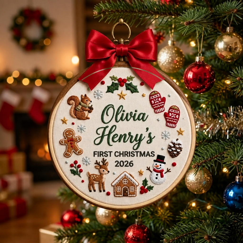 Personalized Baby First Christmas Squirrel Deer Gingerbread Snowman Wreath Custom Name 2026 Embroidered Ornament