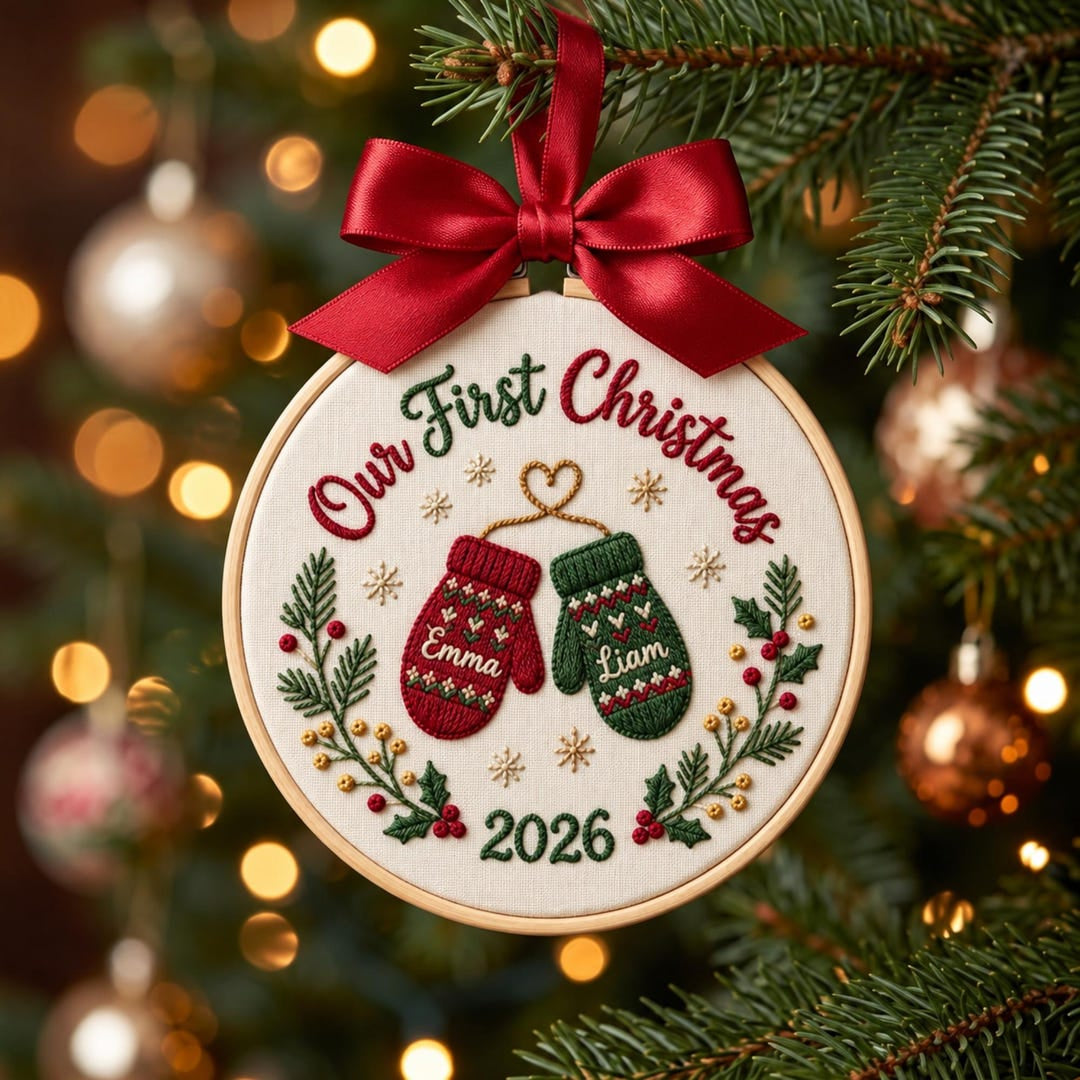 Personalized Our First Christmas Couple Mittens Holly Wreath Custom Names Year Embroidered Ornament — Christmas ornament