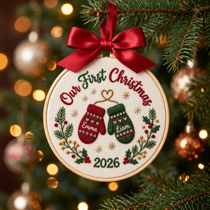 Personalized Our First Christmas Couple Mittens Holly Wreath Custom Names Year Embroidered Ornament