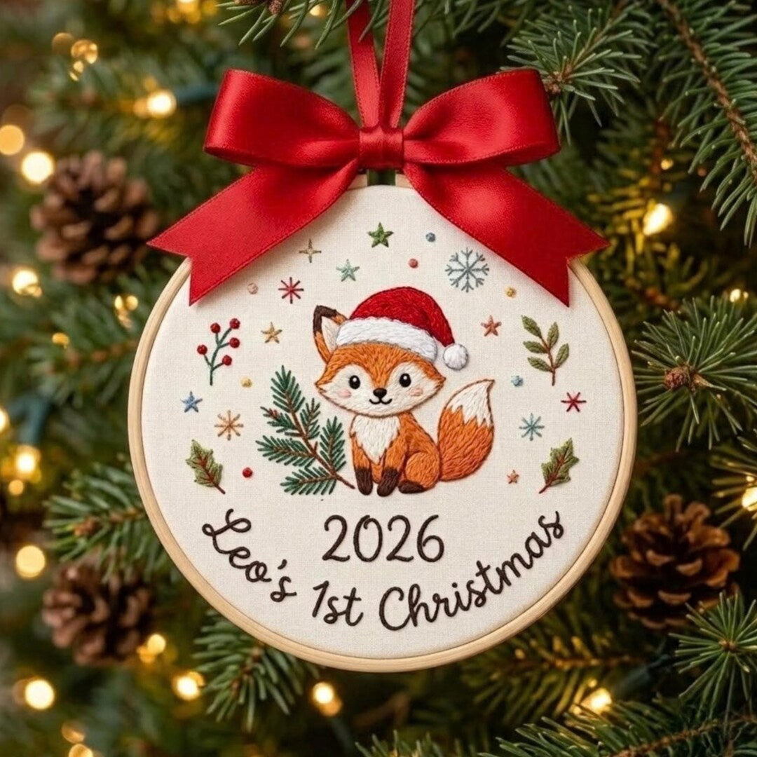 Personalized Baby First Christmas Fox Santa Hat Pine Branch Stars Custom Name 2026 Embroidered Ornament — Christmas ornament
