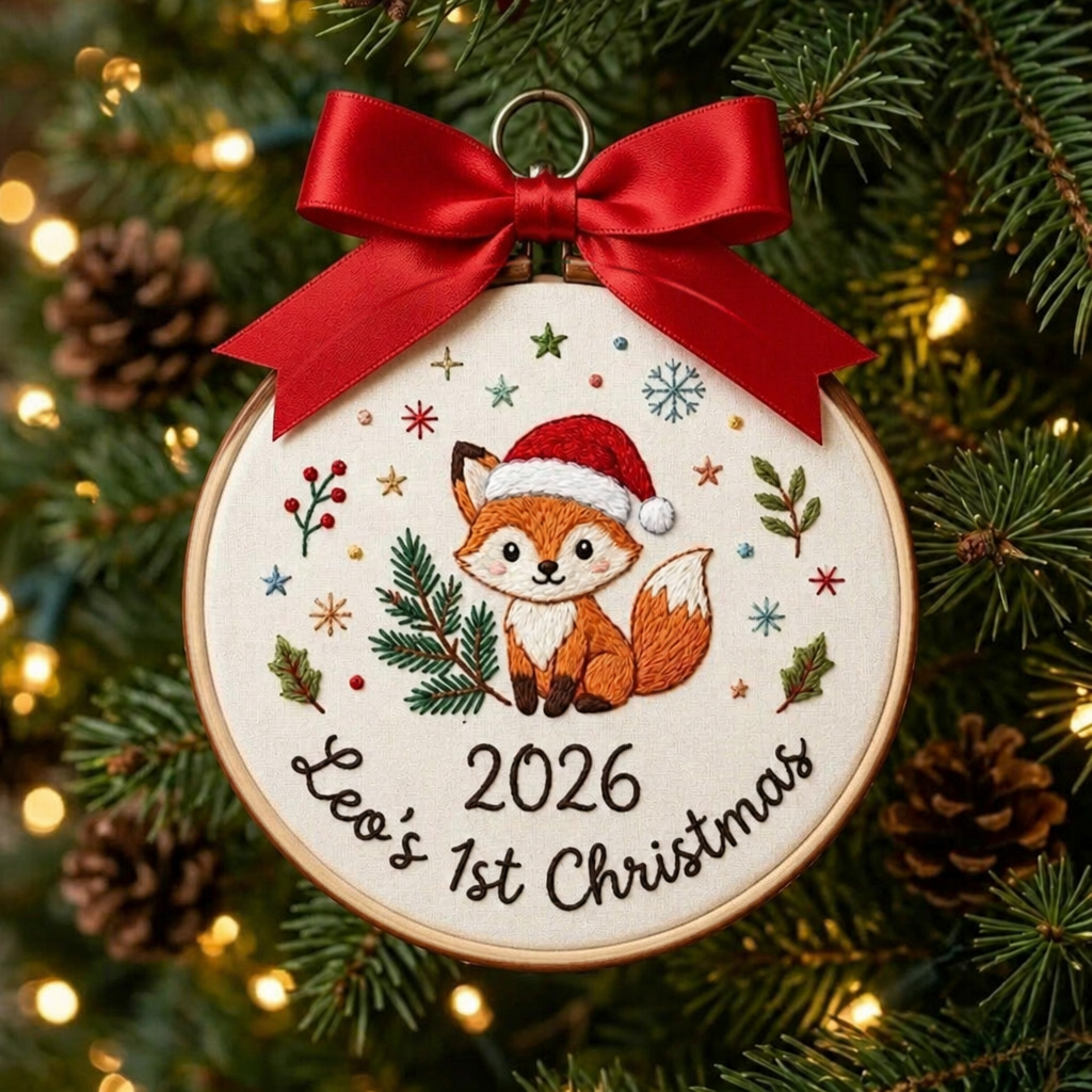 Personalized Baby First Christmas Fox Santa Hat Pine Branch Stars Custom Name 2026 Embroidered Ornament