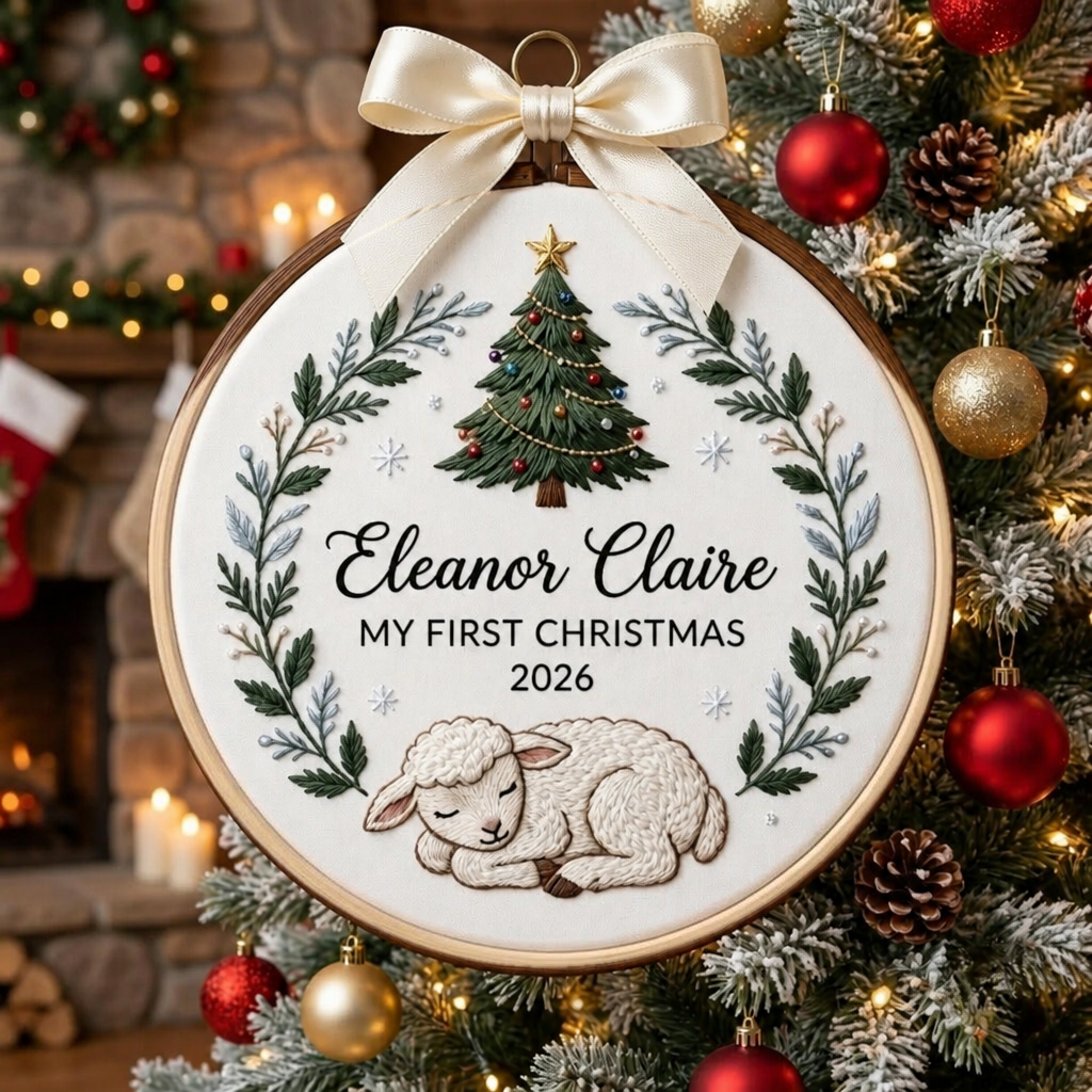 Personalized Baby First Christmas Sleeping Lamb Wreath Tree Custom Name 2026 Embroidered Ornament