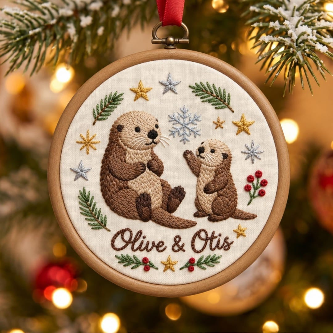Personalized Otter Pair Christmas Holiday Custom Name Embroidered Ornament — Christmas ornament