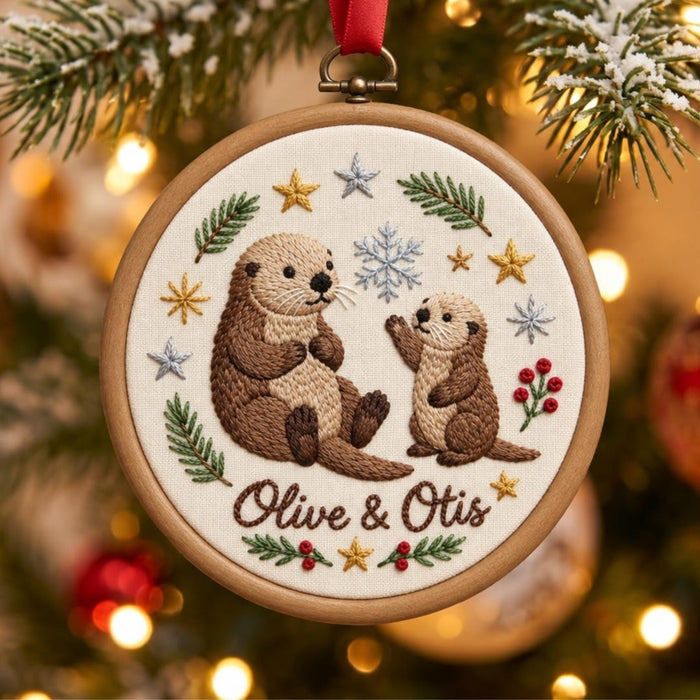 Personalized Otter Pair Christmas Holiday Custom Name Embroidered Ornament