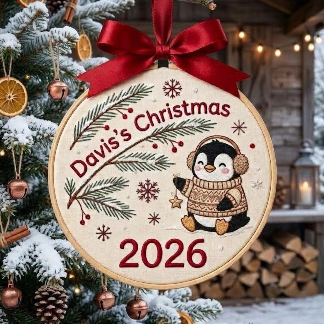 Personalized Penguin Cozy Sweater Pine Branch Christmas 2026 Custom Name Embroidered Ornament — Christmas ornament