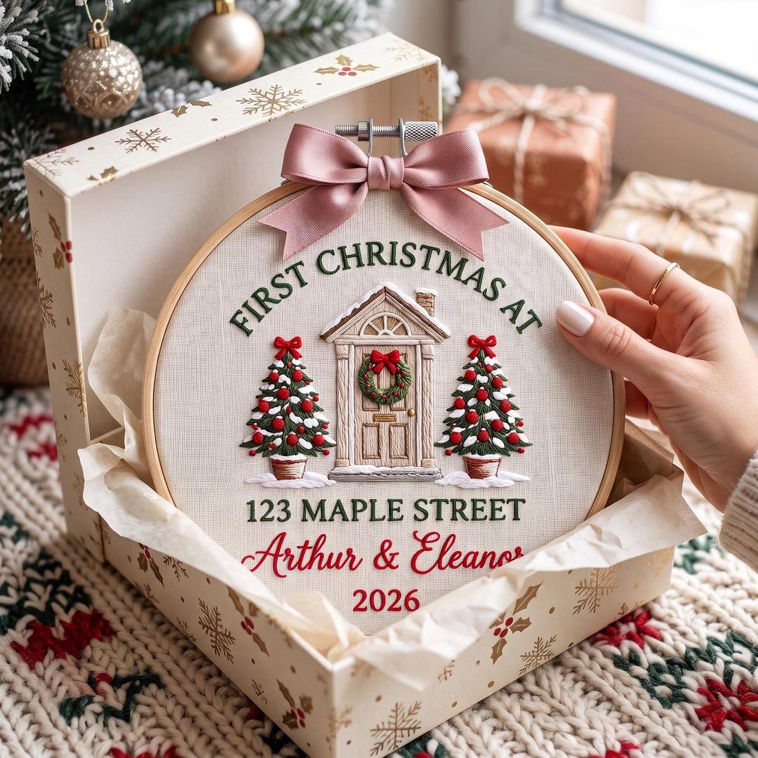 Personalized First Christmas At New Home Door Wreath Trees Couple Names Address Year Embroidered Ornament — Christmas ornament