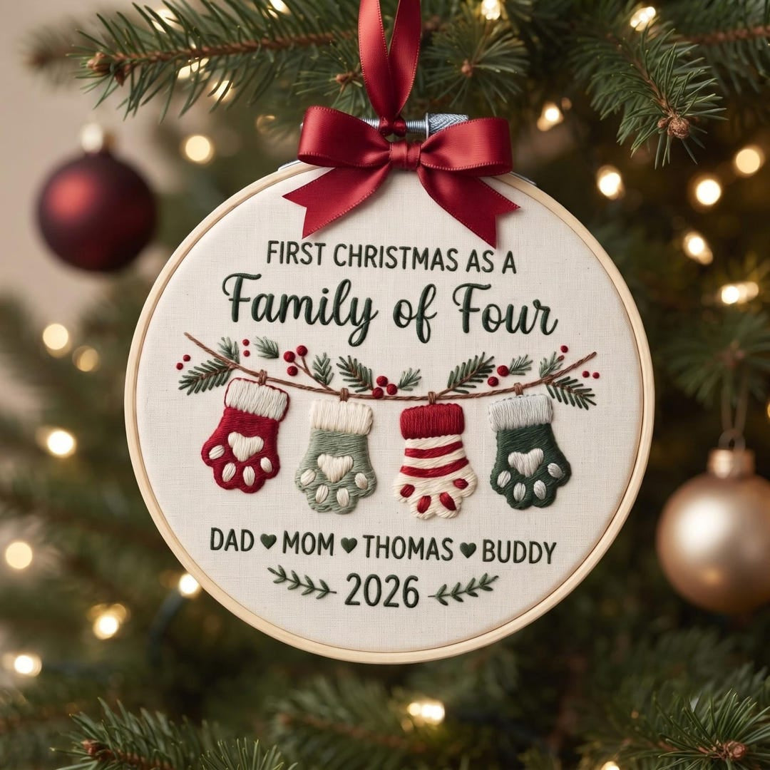 Personalized First Christmas as a Family of Four Pet Paw Stockings Custom Names Year Embroidered Ornament — Christmas ornament