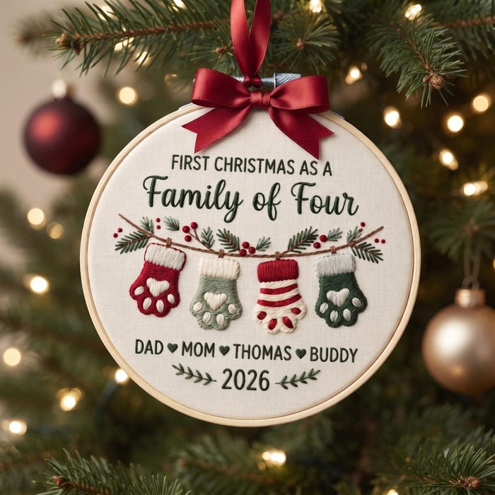 Personalized First Christmas as a Family of Four Pet Paw Stockings Custom Names Year Embroidered Ornament