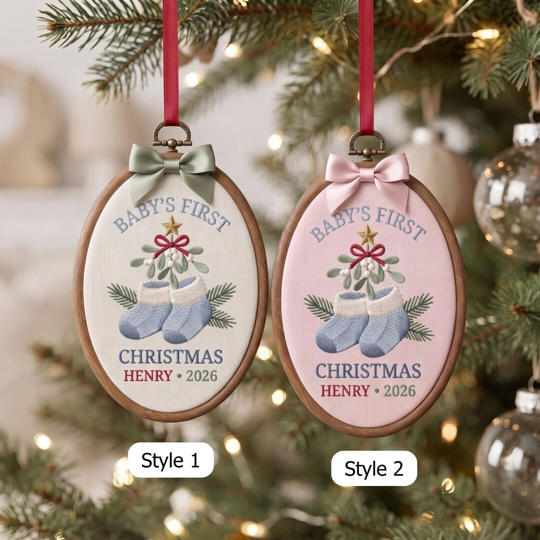 Personalized Baby's First Christmas Baby Socks Mistletoe Pine Branches Star Bow Custom Name Year Embroidered Ornament — Christmas ornament