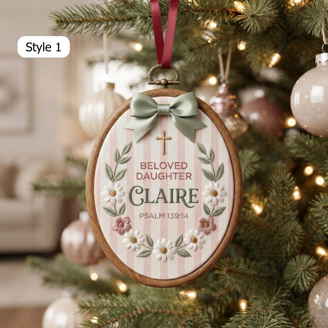 Personalized Beloved Daughter Custom Name Floral Wreath Cross Faith Christmas Embroidered Ornament — Christmas ornament