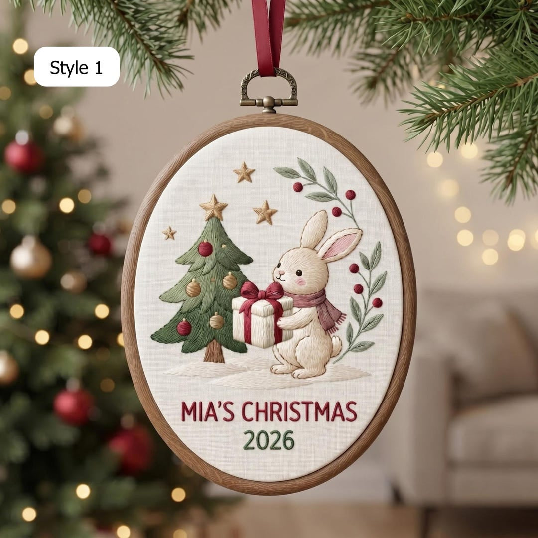 Personalized Bunny Christmas Tree Gift Custom Name Year Embroidered Ornament — Christmas ornament