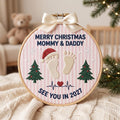 Personalized Pregnancy Announcement Baby Footprints Santa Hat Christmas Tree Heartbeat Embroidered Ornament — Christmas ornament